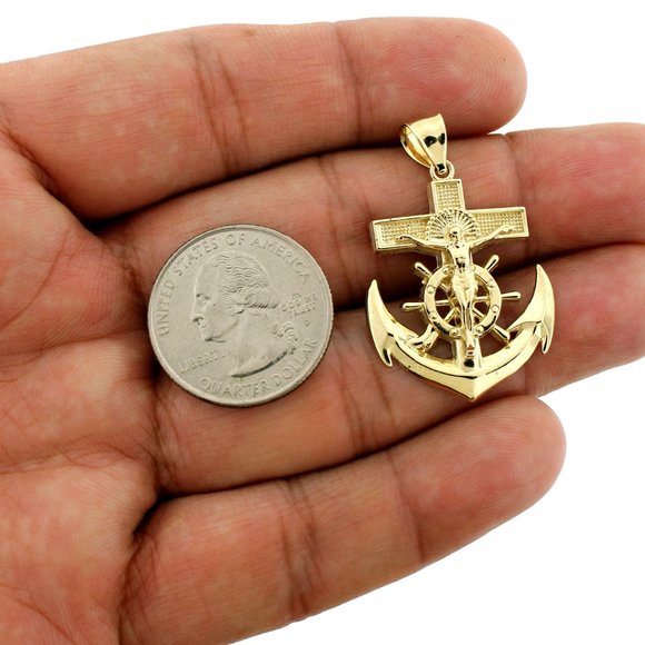 Real 10K Yellow Gold XL Anchor Cross Pendant - Picture 4 of 5